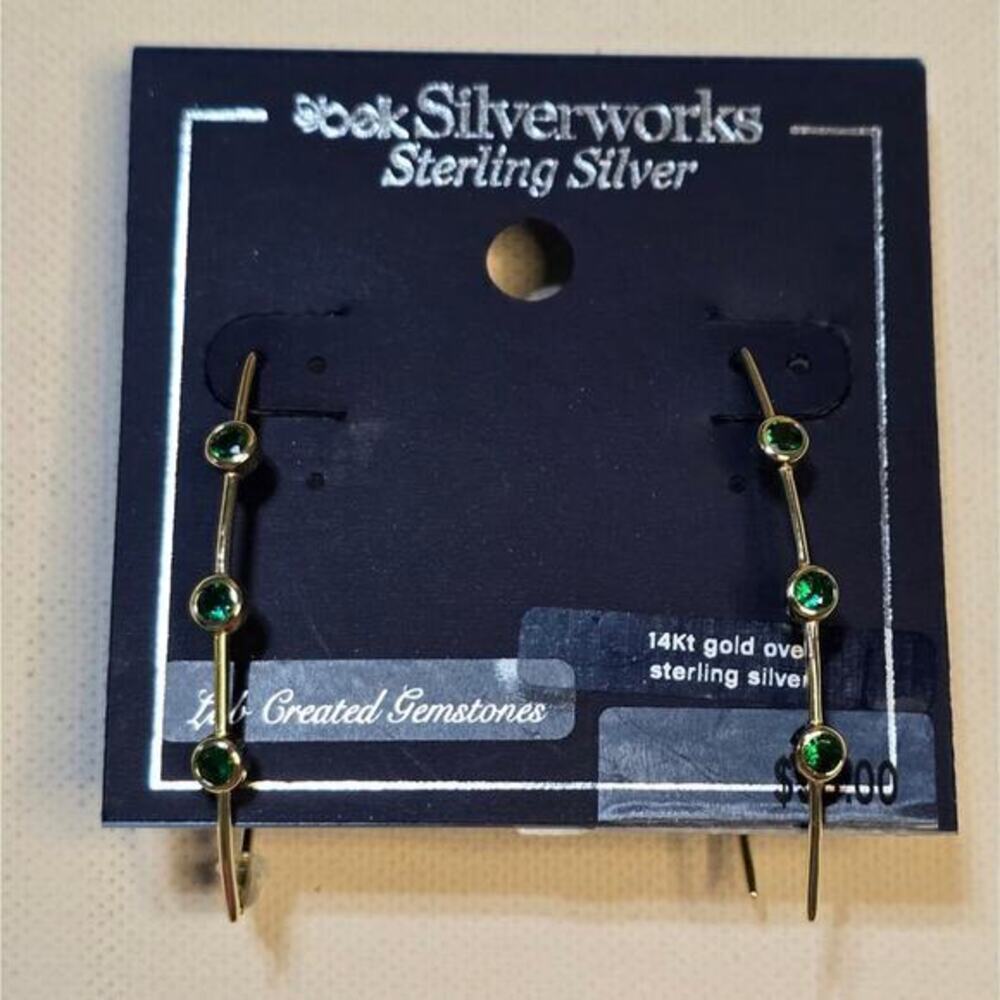 14k Gold Plated Sterling Silver and Emerald Hoop Station Earrings New